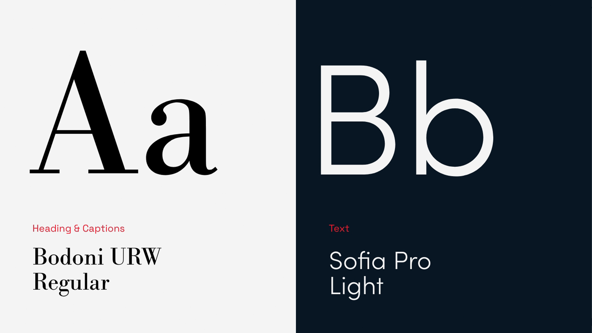 Grafica bipartita, con a sinistra la lettera "A" in nero su sfondo bianco e sulla bestra la lettera "b" in bianco su sfondo nero, per entrambe il nome del font nella parte inferiore