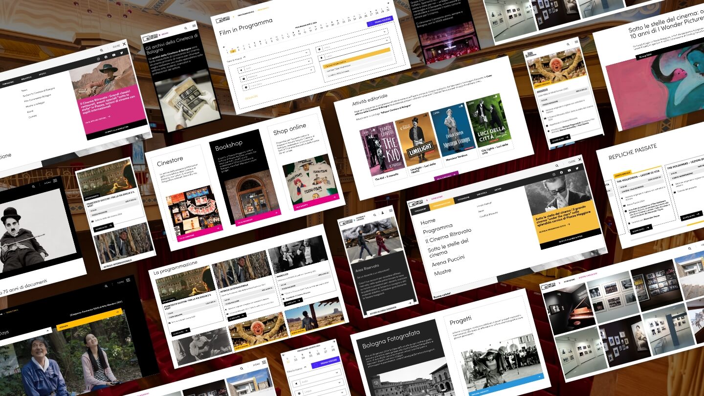 composizione grafica di diverse pagine del sito cineteca bologna con schermate sui film e su attori e approfondimenti