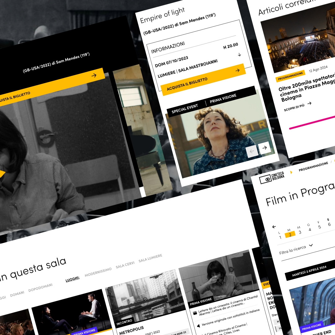 composizione grafica di diverse pagine del sito cineteca bologna con schermate sui film