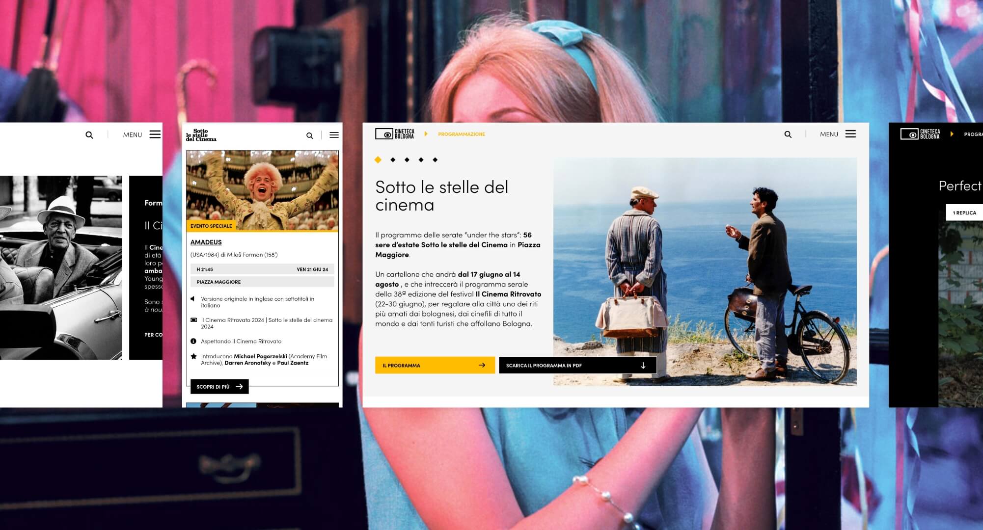 moodboard di schermate sito cineteca di bologna con immagine di film in programmazione e informazioni sulle pellicole