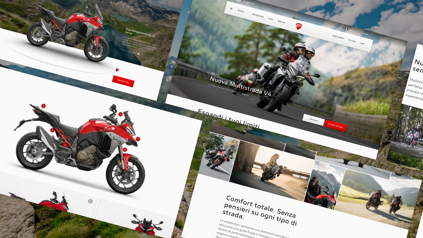 composizione grafica di schermate del sito Multistrada V4 con diverse immagini della moto in dinamico, in ambientata o su limbo bianco