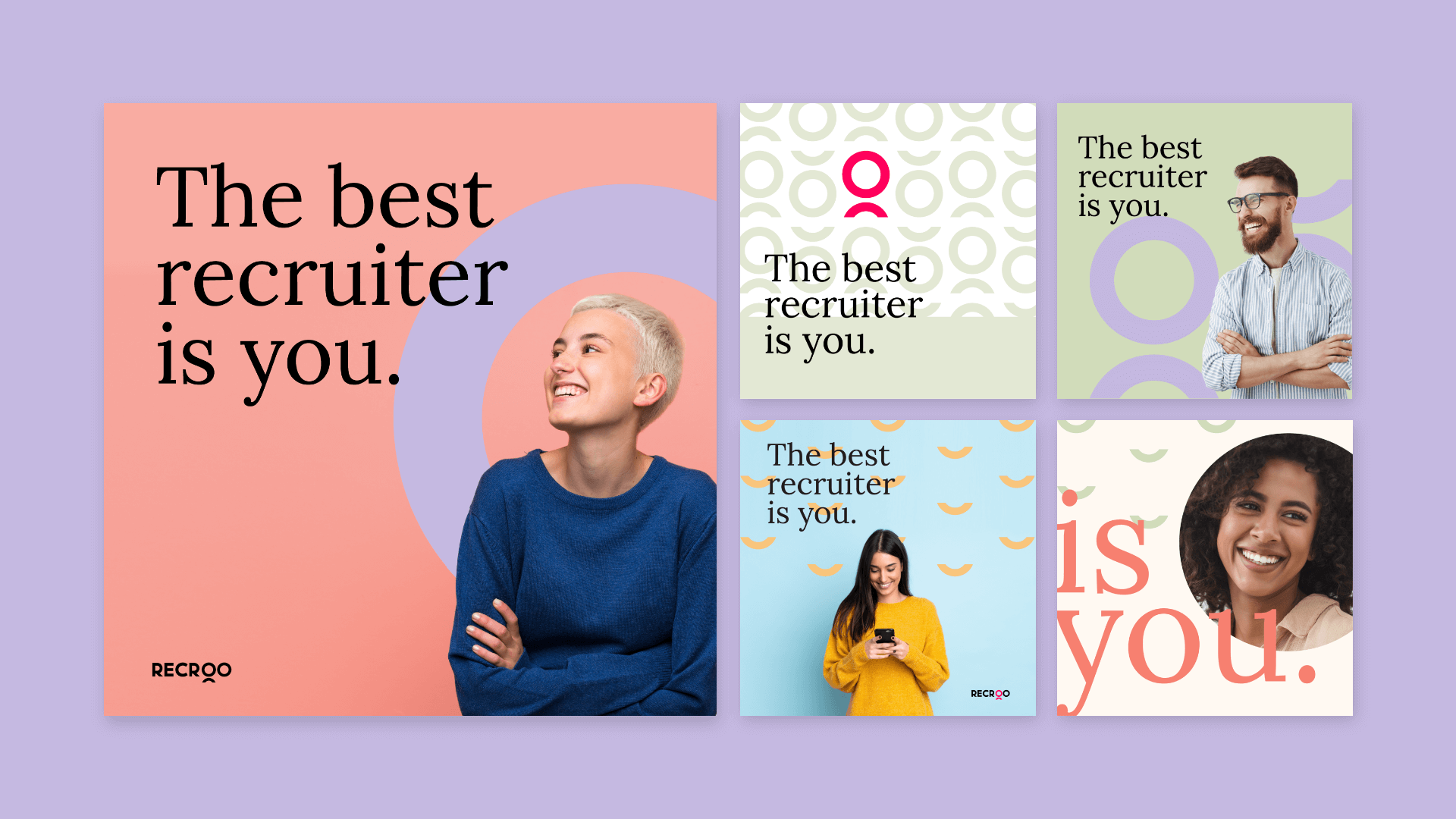 grafiche su sfondo viola con scritto "the best recruiter is you"