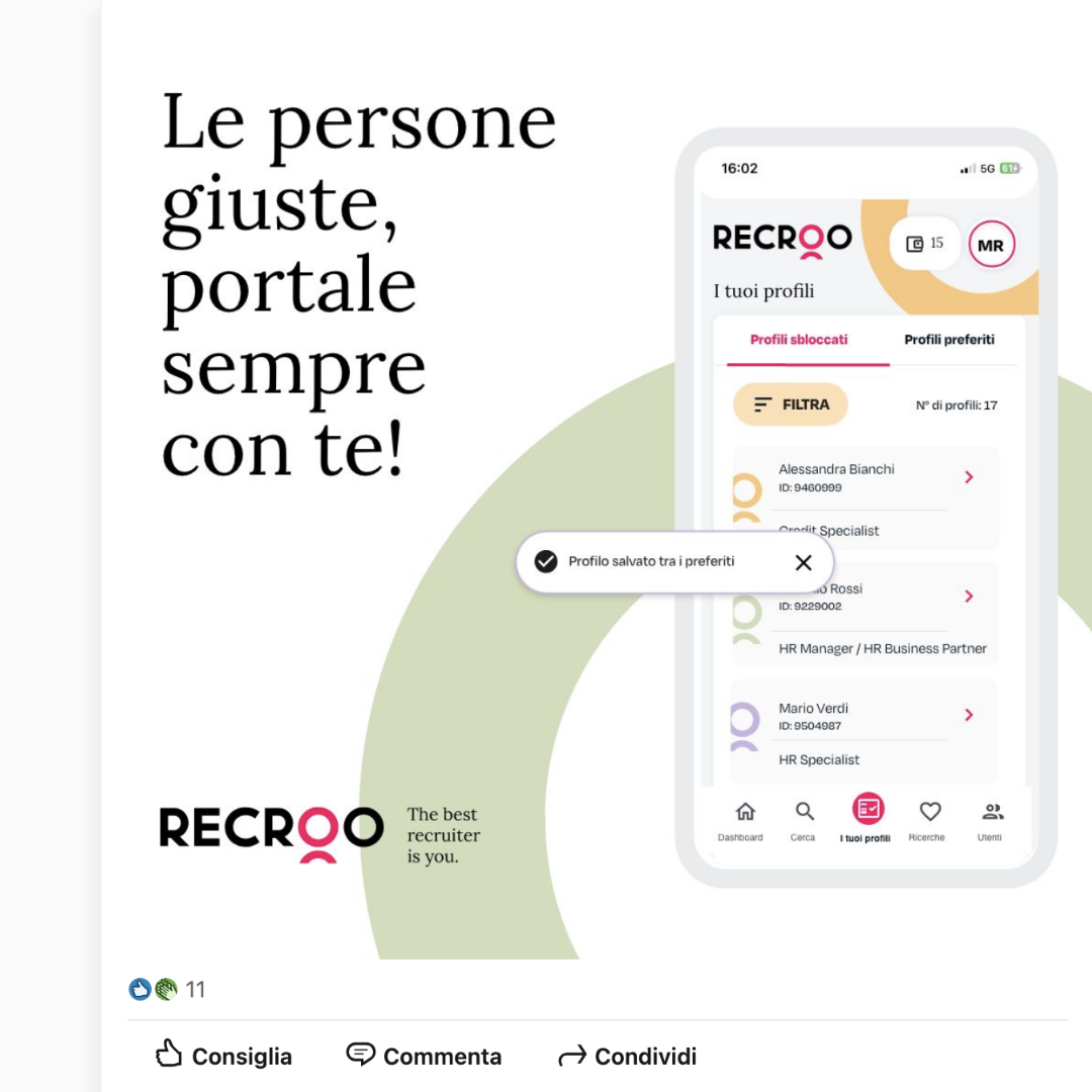 grafica con mockup della vista mobile dell'app recroo, all'interno della grafica la frase "le persone giuste portale sempre con te"