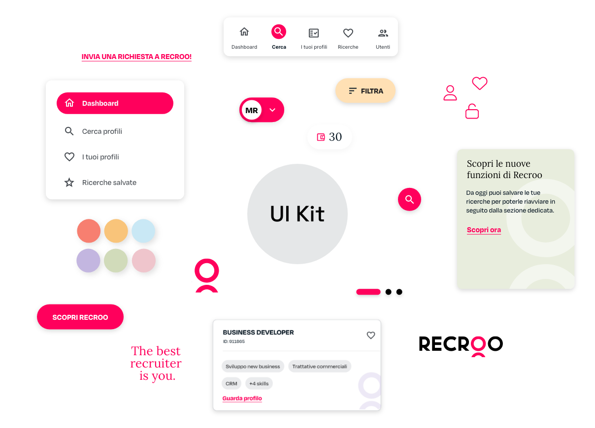 UI Kit dell'interfaccia di Recroo che mostra elementi di design come pulsanti di navigazione, icone per ricerca e filtri