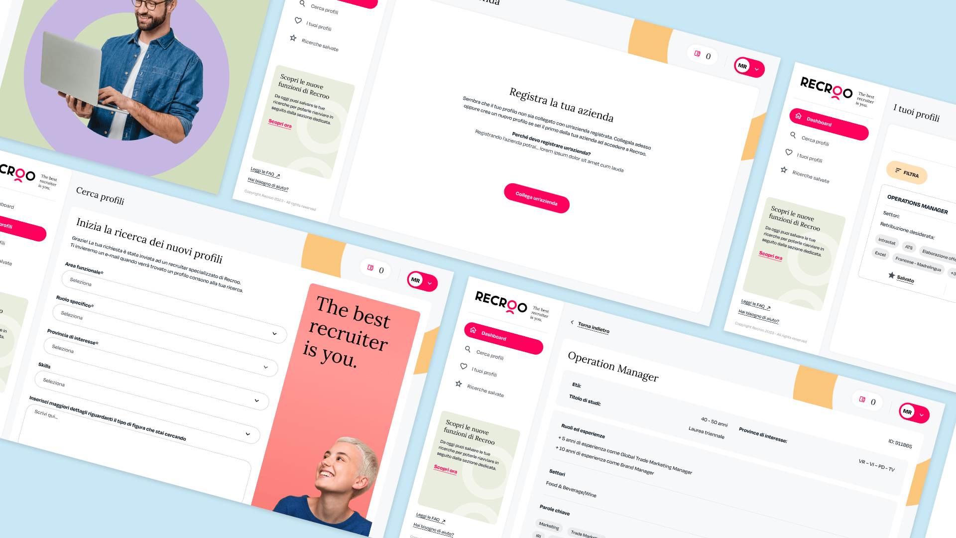 Composizione grafica di pagine web del nuovo sito di recroo, con pagine di ricerca, dashboard e pagine di operation manager