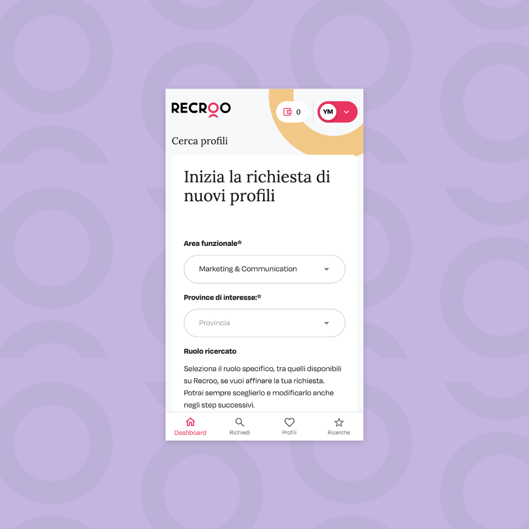 grafica di una pagina web per la creazione di profili all'interno del sito di recroo