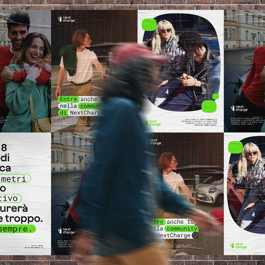 ragazza in primo piano con berretto rosso e occhiali in movimento e dietro manifesti della brand identity di NextCharge