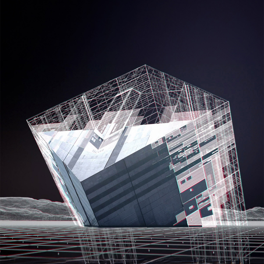 Rappresentazione grafica di un cubo metallico in uno spazio virtuale
