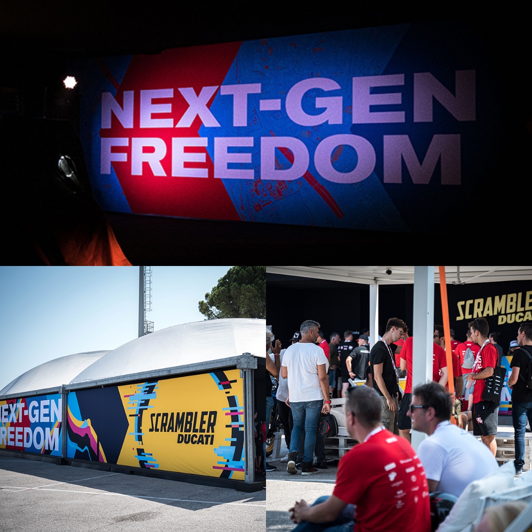 composizione di foto dell'allestimento e dell'evento next-gen freedom scrambler ducati