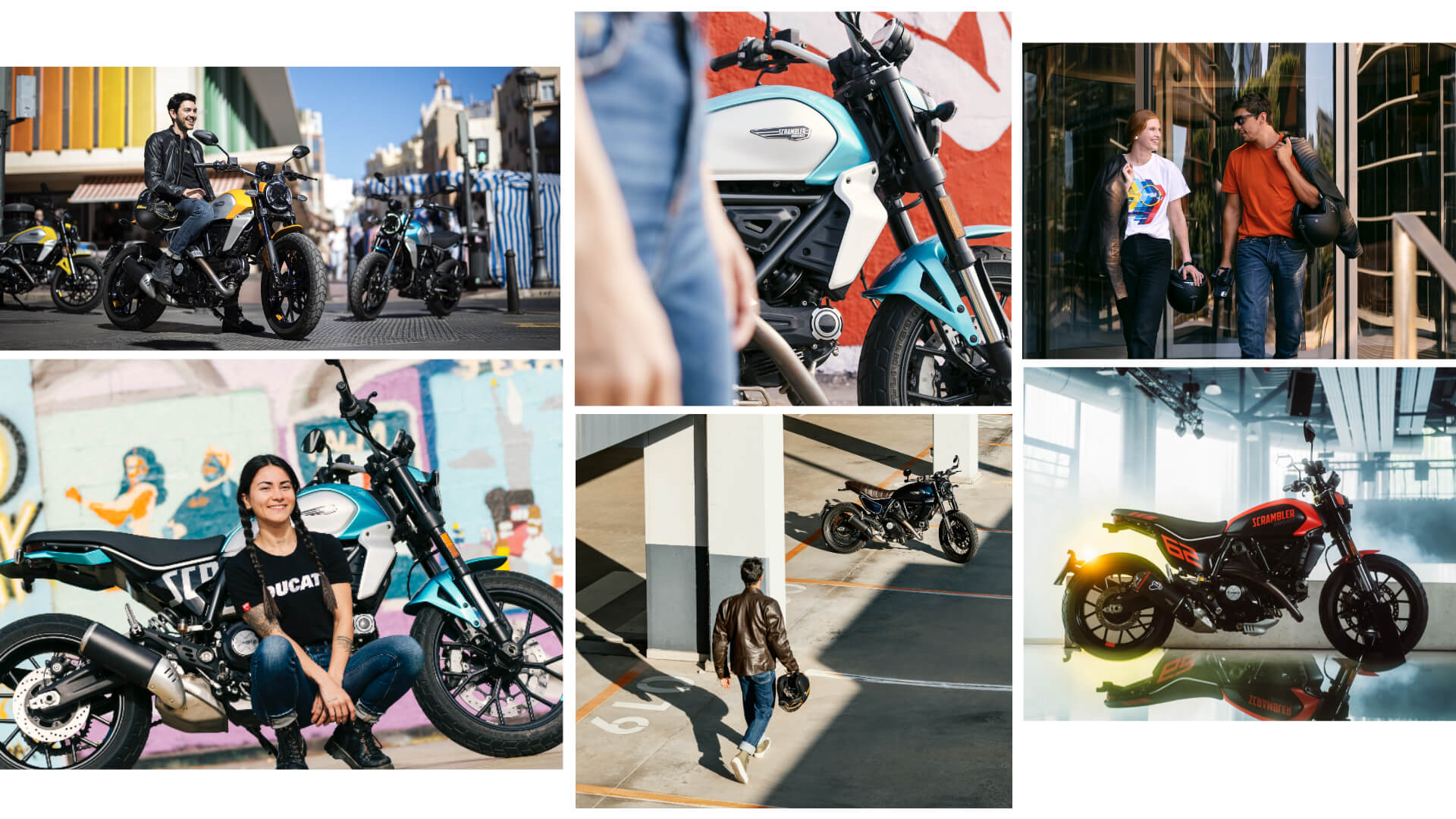 composizione grafica di scatti di modelli con la scrambler ducati in diverse colorazioni