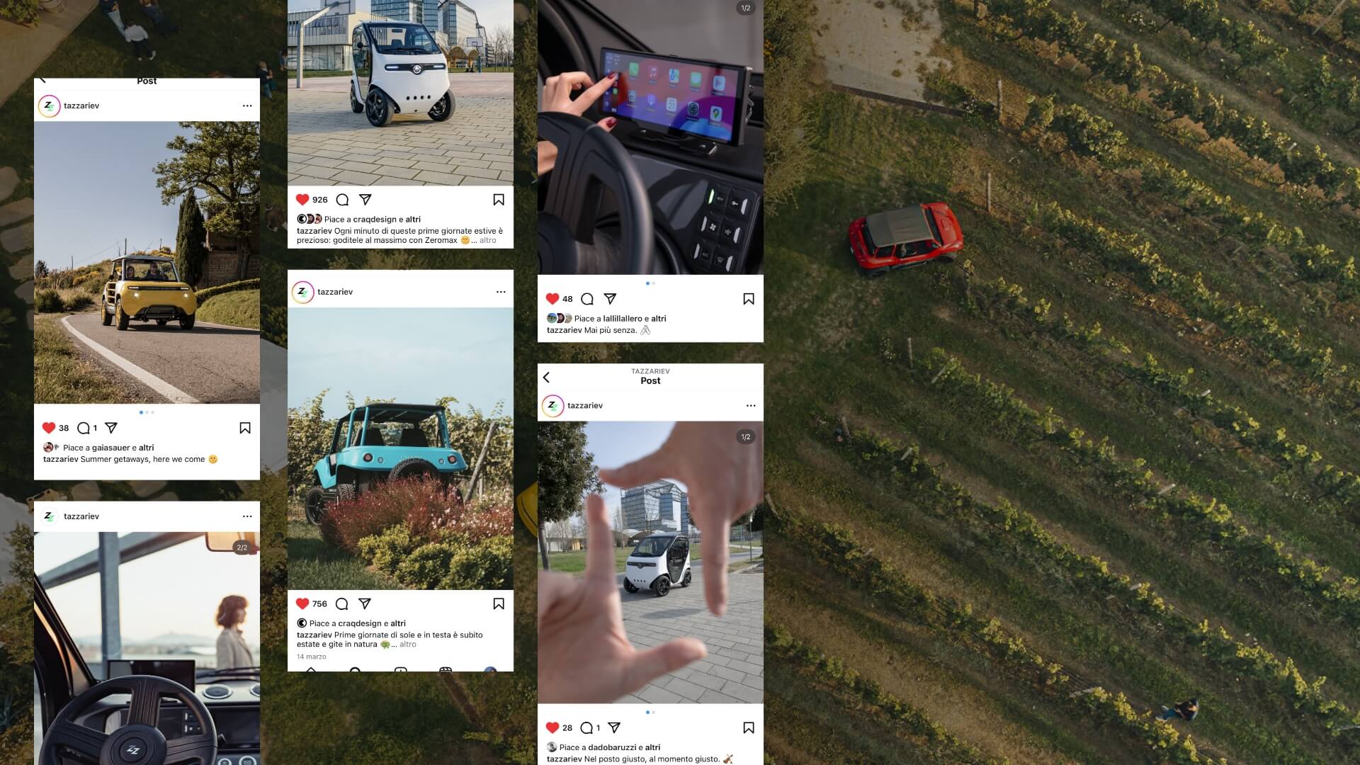 composizione grafica di contenuti social condivisi nel canale instagram di tazzari ev, con foto di modelli della nuova gamma walkaround