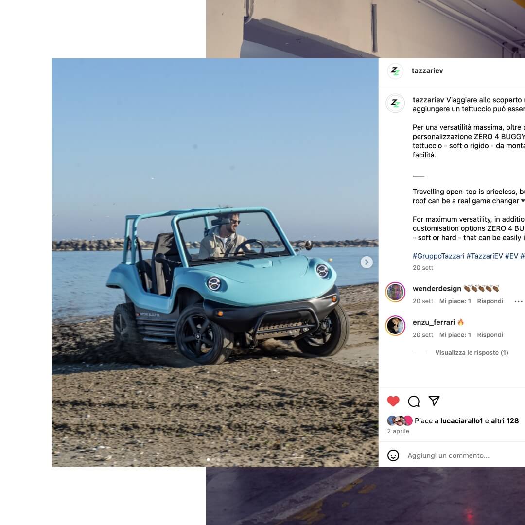 composizione grafica di contenuti social condivisi nel canale instagram di tazzari ev, con foto di modelli della nuova gamma walkaround