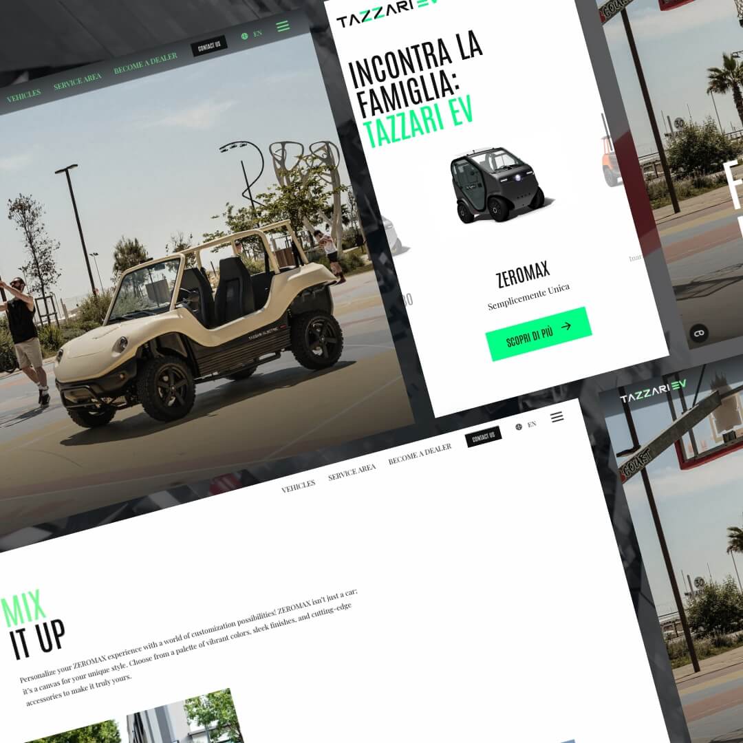 composizione grafica di contenuti social e web condivisi nel canale instagram di tazzari ev, con foto di modelli della nuova gamma walkaround