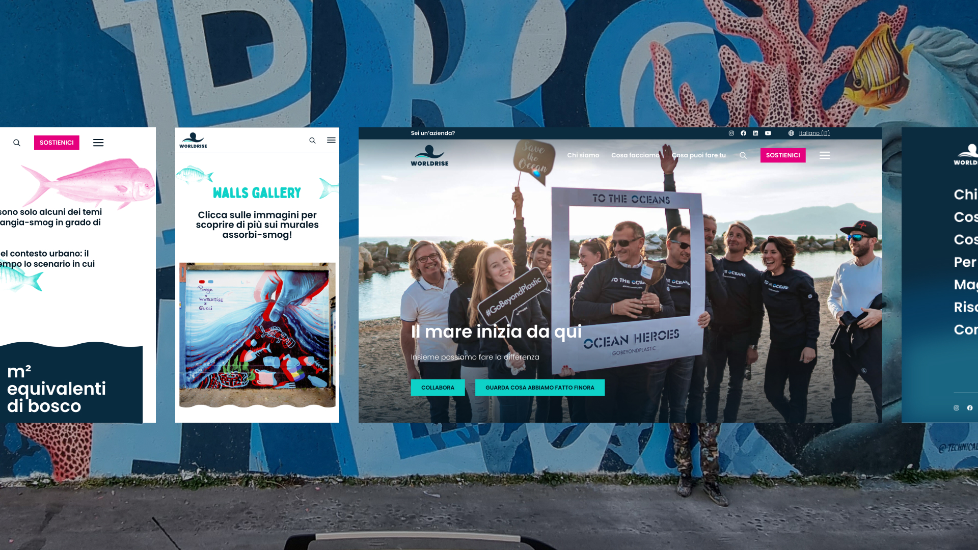 Diverse schermate del sito web di Worldrise su murales con graffiti