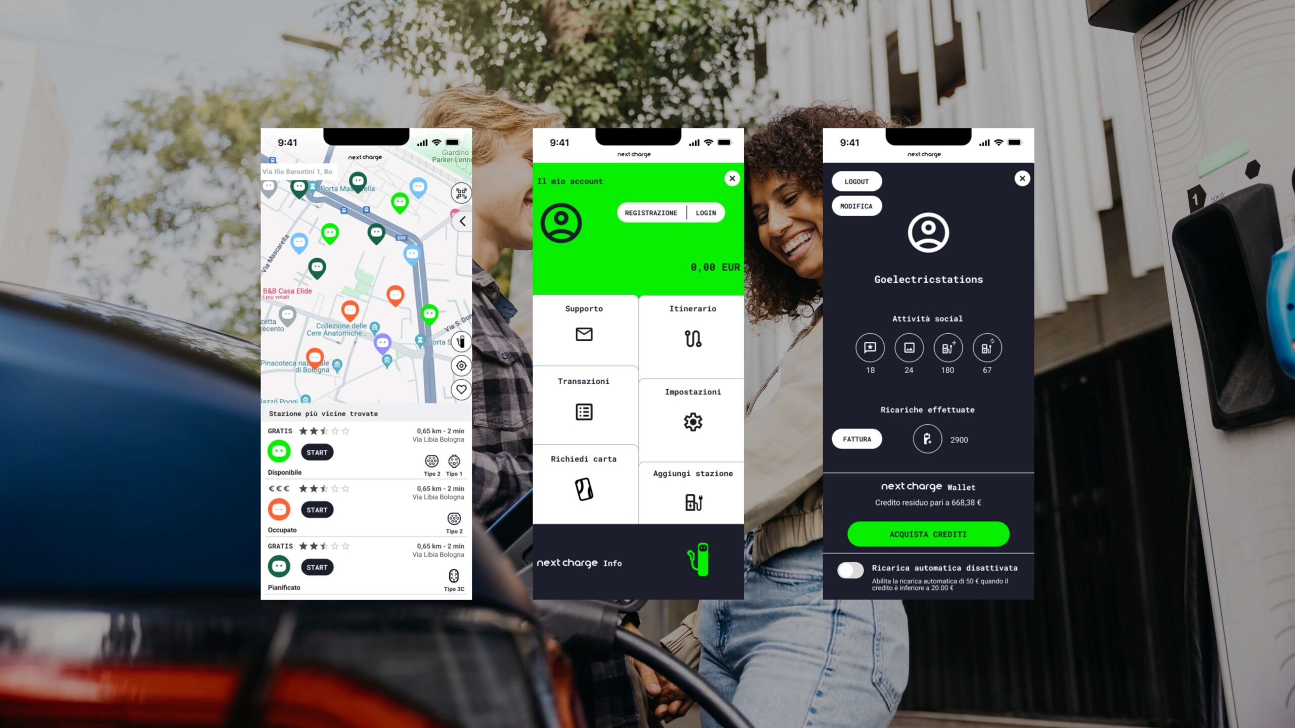 Schermate app Next Charge che ne mostrano l'utilizzo e il design