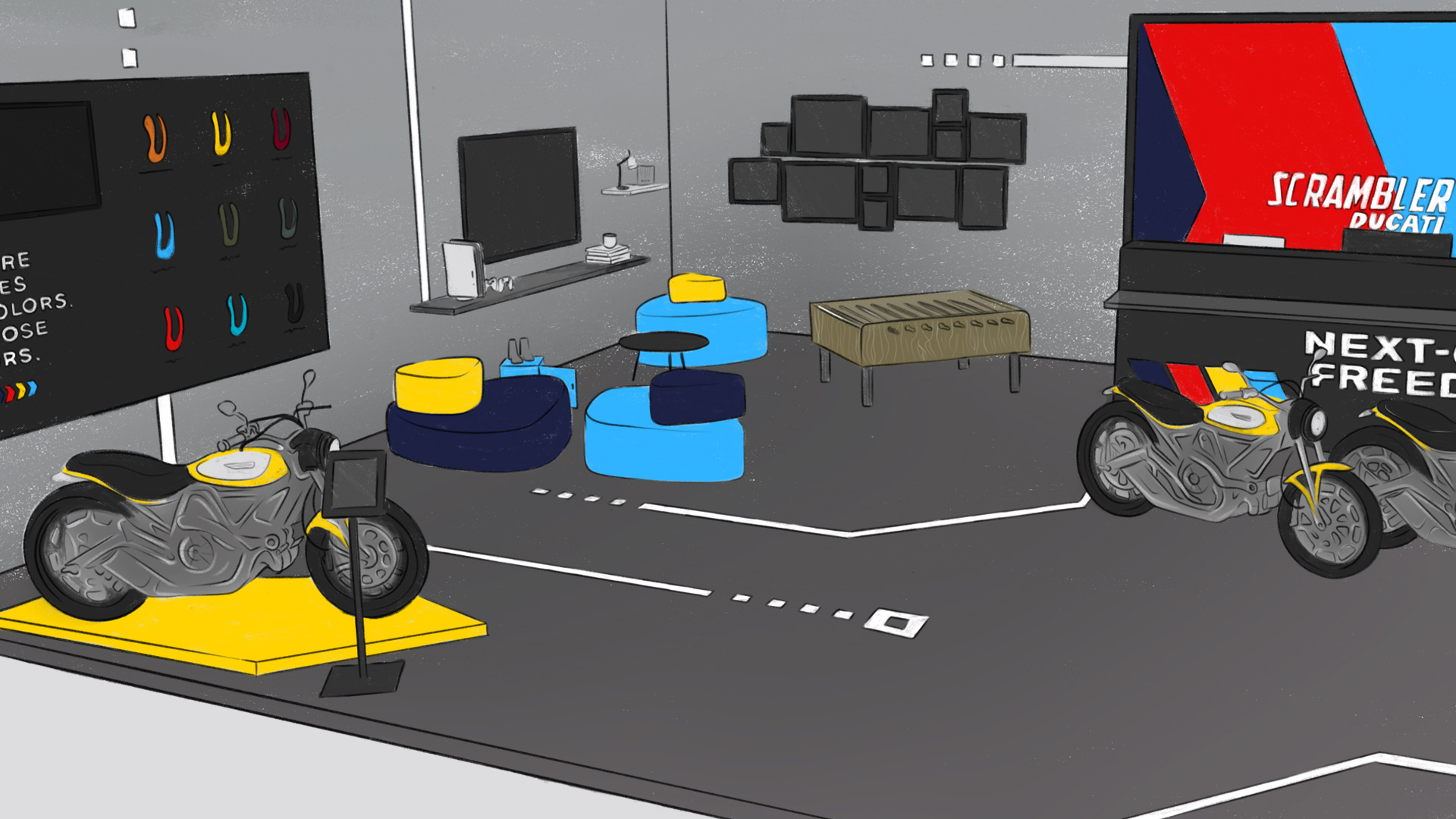 disegno dell'interno dello store ducati scrambler