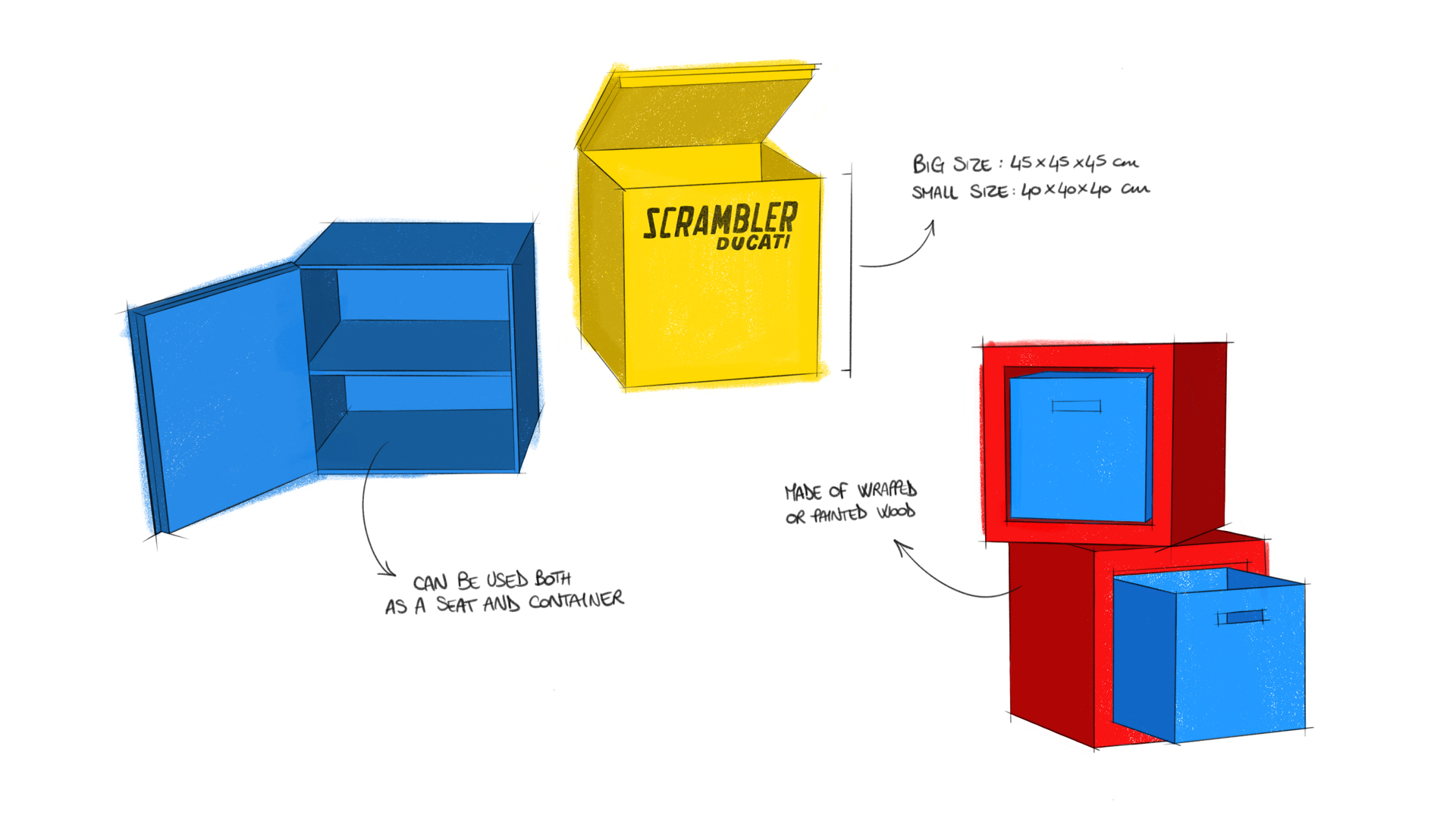 Disegno di scatole colorate brandizzate scrambler con appunti di dimensioni e utilizzi
